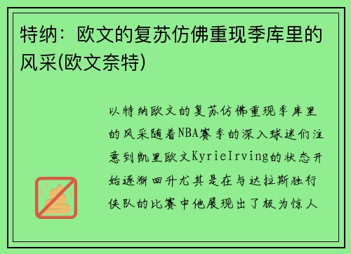 特纳：欧文的复苏仿佛重现季库里的风采(欧文奈特)